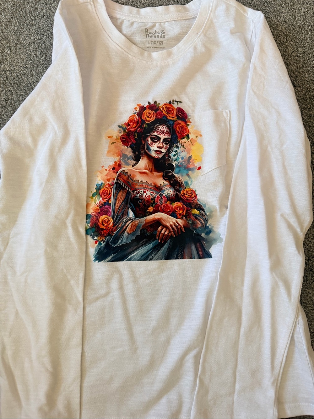 Roots White Long-Sleeve Tee with Colorful Day of the Dead Graphic